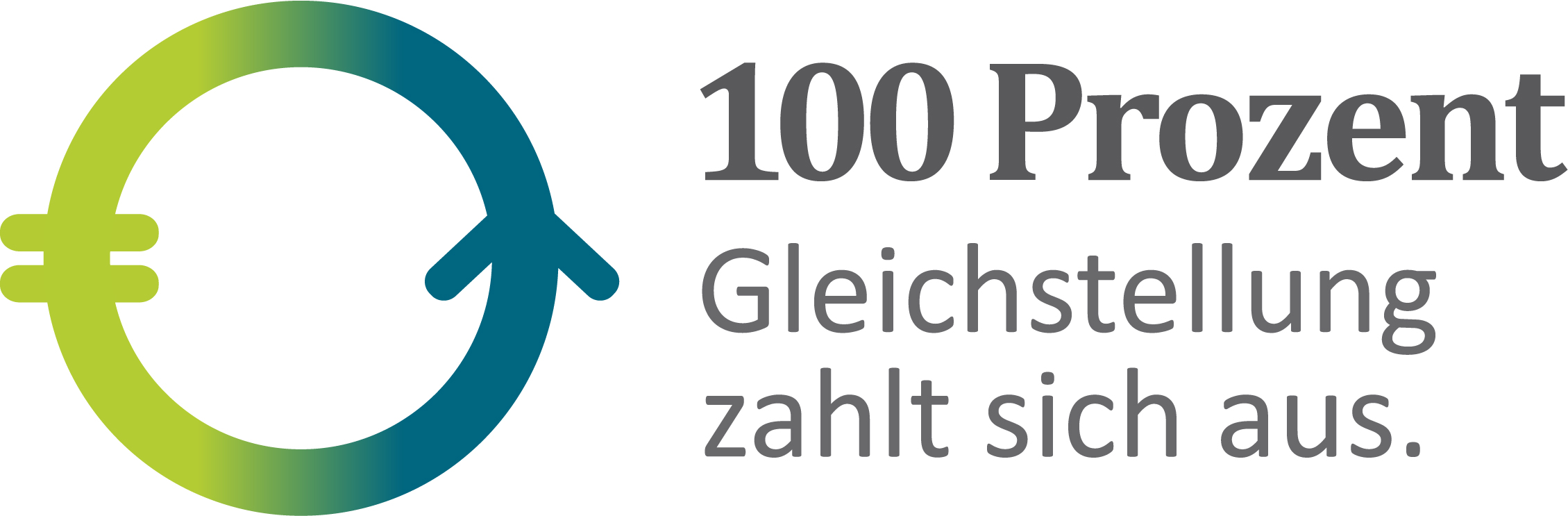 Logo von 100 Prozent mit Kreis in grün und blau und einem Schriftzug mit: Gleichstellung zahlt sich aus.